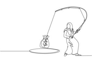 una sola línea continua dibujando una mujer de negocios árabe sosteniendo una caña de pescar obtuvo una gran bolsa de dinero del agujero. mujer atrapando bolsa de dinero con caña de pescar. concepto de negocio. vector de diseño gráfico de dibujo de una línea