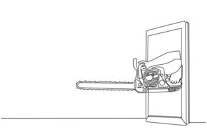 mano de dibujo de una sola línea que sostiene la motosierra a través del teléfono móvil. concepto de videojuegos de leñador, e-sport, aplicación de entretenimiento para smartphones. vector gráfico de diseño de dibujo de línea continua