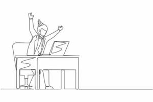 Single one line drawing success in work, winning online, technology concept. Businessman stands in office with hand raised opposite computer screen celebrating success. Continuous line design vector