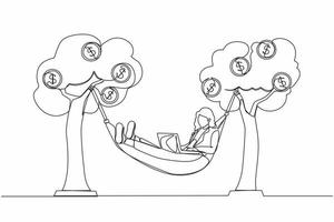 Continuous one line drawing happy rich businesswoman typing with laptop in hammock tied on money tree with dollar coins. Make profit or dividend from investment. Single line draw design vector graphic