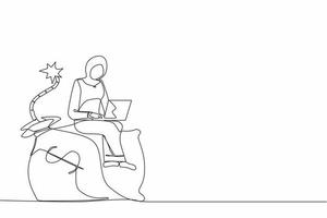 Single one line drawing Arabic businesswoman sitting on huge bomb with burning fuse and money bag. Financial problems, taxation burden or business debt, deadline. Continuous line design graphic vector