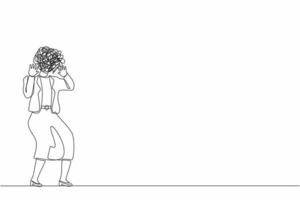 Single one line drawing businesswoman with round scribbles instead of head. Woman shocked. Stop gesture with palm hands, shouting. Human emotions, expressions. Continuous line design graphic vector