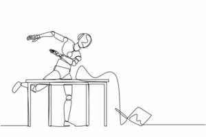 Continuous one line drawing frustrated robot is angry and throwing laptop. Humanoid robot cybernetic organism. Future robotics development concept. Single line draw design vector graphic illustration