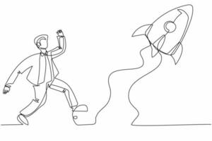 Single continuous line drawing businessman run chasing try to catch flying rocket. Concept of competitive, advantage, growth, marketing. Business metaphor. One line graphic design vector illustration