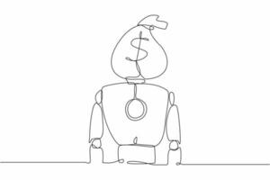 Single one line drawing robot with money bag instead of head. Future technology development. Artificial intelligence and machine learning process. Continuous line design graphic vector illustration