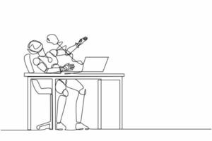 Single continuous line drawing robot being punched by boxing gloves from computer laptop. Cyber bullying. Robotic artificial intelligence. Electronic technology. One line design vector illustration