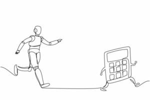 Single one line drawing robot chasing calculator. Calculation of expenses in tech factory. Future technology development. Artificial intelligence. Continuous line graphic design vector illustration