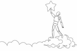 Continuous one line drawing robot reaching star on the sky. Business champion to get reward. Humanoid robot cybernetic organism. Future robotic development. Single line draw design vector illustration