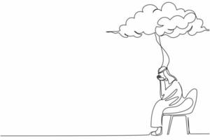 Single continuous line drawing sadness Arab businessman sitting on chair under rain cloud. Worried about business failure, collapse economy, economic crisis. One line draw design vector illustration