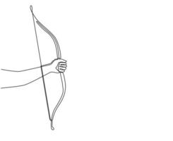 Single continuous line drawing hand holding wooden bow symbol. Traditional wooden bow archery sport. Archery equipment with arrow isolated. Dynamic one line draw graphic design vector illustration