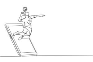 jugador de atleta de voleibol de dibujo de una línea continua en acción saltando pico saliendo de la pantalla del teléfono inteligente. Partidos deportivos móviles. juego de voleibol en línea. vector de diseño de dibujo de una sola línea