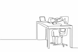 Single continuous line drawing exhausted sick tired female manager in office sad boring sitting with head down on laptop. Frustrated worker mental health problems. One line draw graphic design vector