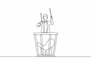 Single continuous line drawing male percussion player play on timpani. Man performer holding stick and playing musical instrument. Musical instrument timpani. One line draw design vector illustration