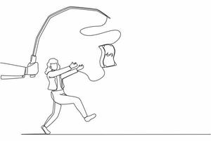 Single one line drawing hand with fishing pole and dollar cash control greedy businesswoman under hypnosis. Woman running after dangling dollar, trying to catch it. Continuous line draw design vector