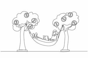 Single one line drawing rich Arabian businessman typing with laptop in hammock tied on money tree with dollar coins. Make profit or dividend from investment. Continuous line draw design graphic vector