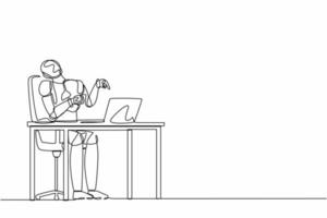 Continuous one line drawing robot manager laughing out loud while pointing his finger at laptop. Humanoid robot cybernetic organism. Future robotic development. Single line design vector illustration