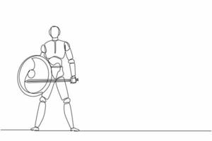 Single one line drawing robot standing holding sword and shield. Future technology development. Artificial intelligence and machine learning process. Continuous line design graphic vector illustration