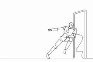 Single continuous line drawing robots running wants to break down the door. Modern robotics artificial intelligence technology. Electronic technology industry. One line draw design vector illustration