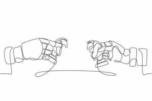 Continuous one line drawing robots hands holding knight horse chess piece and the other hand too. Humanoid robot cybernetic organism. Future robotic development concept. Single line draw design vector