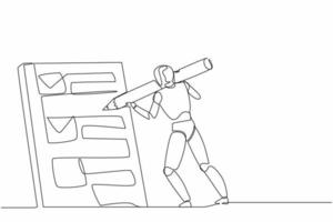 Continuous one line drawing robots standing and mark checklist with big pencil. Humanoid robot cybernetic organism. Future robotics development concept. Single line design vector graphic illustration
