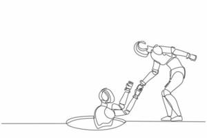 Continuous one line drawing robot helping his friend by take him out from hole. Humanoid robot cybernetic organism. Future robotics development concept. Single line design vector graphic illustration