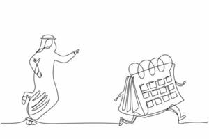 Single continuous line drawing Arab businessman chasing calendar. Employee plans his schedule and appointments for the month. Time management and optimization, planning. One line graphic design vector