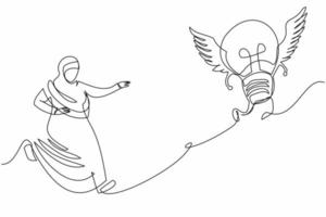 Continuous one line drawing Arab businesswoman chase flying light bulb. Innovation and invention for new business ideas. Searching project creativity. Single line design vector graphic illustration