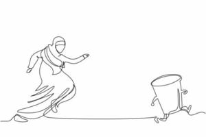 Single continuous line drawing Arab businesswoman run chasing paper cup. Concept of fast food, thirsty, drink. Resting time worker employee from work. One line draw graphic design vector illustration