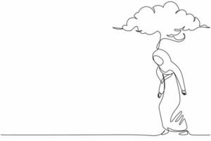 Continuous one line drawing unhappy Arabian businesswoman in stress walking under rain cloud. Sadness manager depression cause failed in business. Single line draw design vector graphic illustration