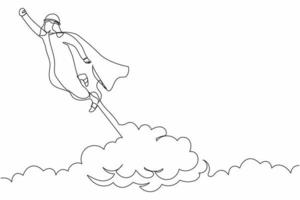 Single continuous line drawing super Arab businessman flying up to the cloud sky. Worker in cloak takes off. Power, uniqueness, start-up business idea. One line draw graphic design vector illustration