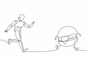 Single one line drawing robot run chasing hamburger. Food estate factory industry. Future technology development. Machine learning processes. Continuous line draw design graphic vector illustration