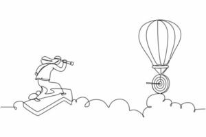 Single continuous line drawing Arabian businessman ride arrow symbol, flying, and using monocular to see business vision on hot air balloon. Professional manager. One line draw graphic design vector