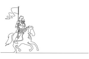 Single continuous line drawing medieval knight on horse carrying flag. Knight mounted in armor riding on horseback on horse holding flag. Ancient fighter. Dynamic one line draw graphic design vector