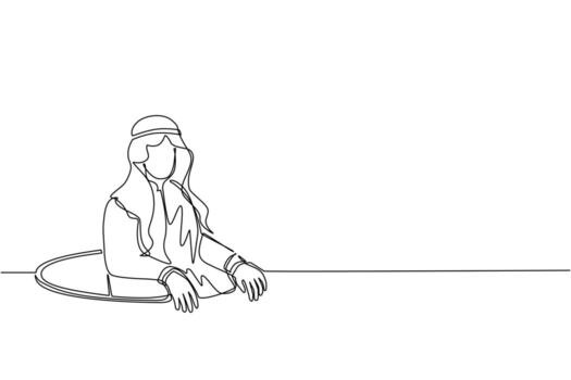 Single continuous line drawing Arabian businessman trying to get out of from hole, metaphor to facing big problem. Business struggles. Strength for success. One line graphic design vector illustration