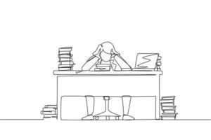Single continuous line drawing stressed businesswoman throwing tantrum in office holding her hands to his head shouting while seated at a desk surrounded by files. One line draw graphic design vector