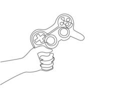 Single continuous line drawing hand holding video game console. Logo template for the gaming community. Players keep their gaming joysticks in their hands. One line draw design vector illustration