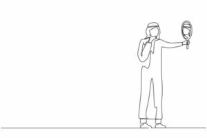 Continuous one line drawing Arabian businessman holding hand mirror. Male manager with hand mirror. Man looking at himself in mirror. Narcissism and reflection concept. Single line draw design vector