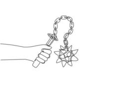 Continuous one line drawing hand holding flail with spiked ball. Medieval weapon - spiked metal ball with chain and wooden handle. Knight equipment icon. Single line draw design vector illustration