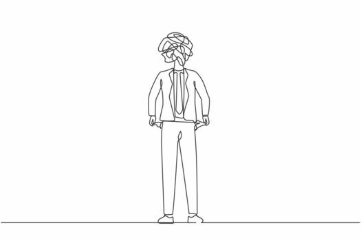 Single one line drawing businessman with round scribbles instead of head. Male manager with pockets turned outward, having no money. Bankrupt person. Continuous line draw design graphic vector