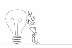 Single one line drawing robot lean on giant light bulb. Future technology development. Artificial intelligence and machine learning process. Continuous line draw design graphic vector illustration