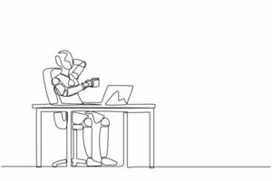 Continuous one line drawing robot relaxed at desk and drink cup of coffee. Humanoid robot cybernetic organism. Future robotics development concept. Single line draw design vector graphic illustration