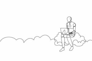 Single one line drawing robot sitting on cloud in sky and working with laptop. Future technology development. Artificial intelligence machine learning. Continuous line draw design graphic illustration vector