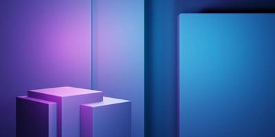 Representación 3d de fondo geométrico abstracto púrpura y azul. escena para publicidad, tecnología, escaparate, banner, cosmética, moda, negocios, metaverso. ilustración de ciencia ficción. pantalla del producto