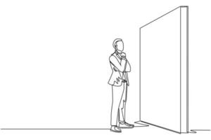 Single one line drawing businessman thinking in front of big obstacle or wall. Abstract representing risk management. Finding solution and problem solving concept. Continuous line draw design vector