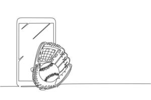 Single one line drawing baseball leather glove and ball with smartphone. Mobile sports play matches. Online baseball game with live mobile app. Continuous line draw design graphic vector illustration