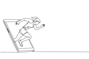 una sola línea de dibujo mujer corredora enfocada practicando para correr rápido saliendo de la pantalla del teléfono inteligente. Partidos deportivos móviles. aplicación móvil de juego de ejecución en línea. vector gráfico de diseño de dibujo de línea continua