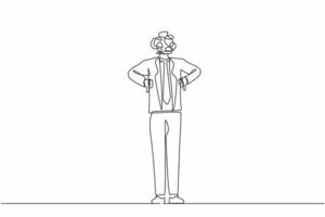 Continuous one line drawing businessman with round scribbles instead of head. Confused male manager standing and showing thumbs down sign. Disagreement, dislike. Single line draw design vector graphic