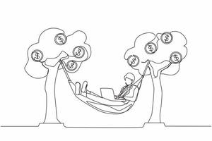 Single one line drawing happy rich businessman typing with laptop in hammock tied on money tree with dollar coins. Make profit or dividend from investment. Continuous line draw design graphic vector