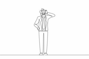 Continuous one line drawing businessman with round scribbles instead of a head. Doubting man standing and thinking, unsatisfied serious worrying human. Single line design vector graphic illustration