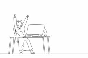 Single one line drawing happy Arab businessman sitting with raised hands on the his workplace. Office worker celebrates salary increase from company. Continuous line design graphic vector illustration